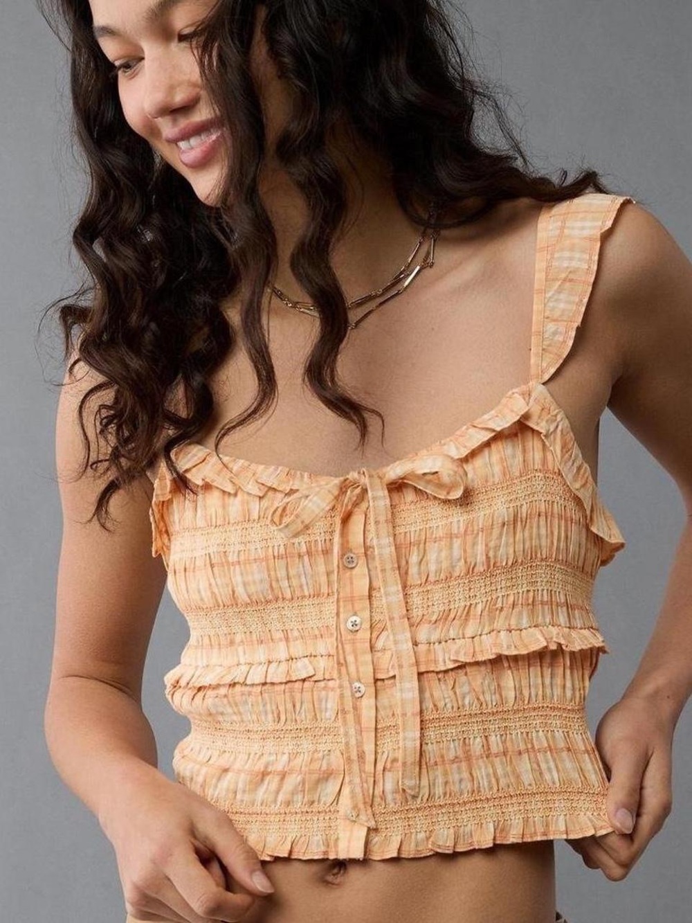American Eagle Peasant Smocked Gingham Ruffle Crop Top - Peach